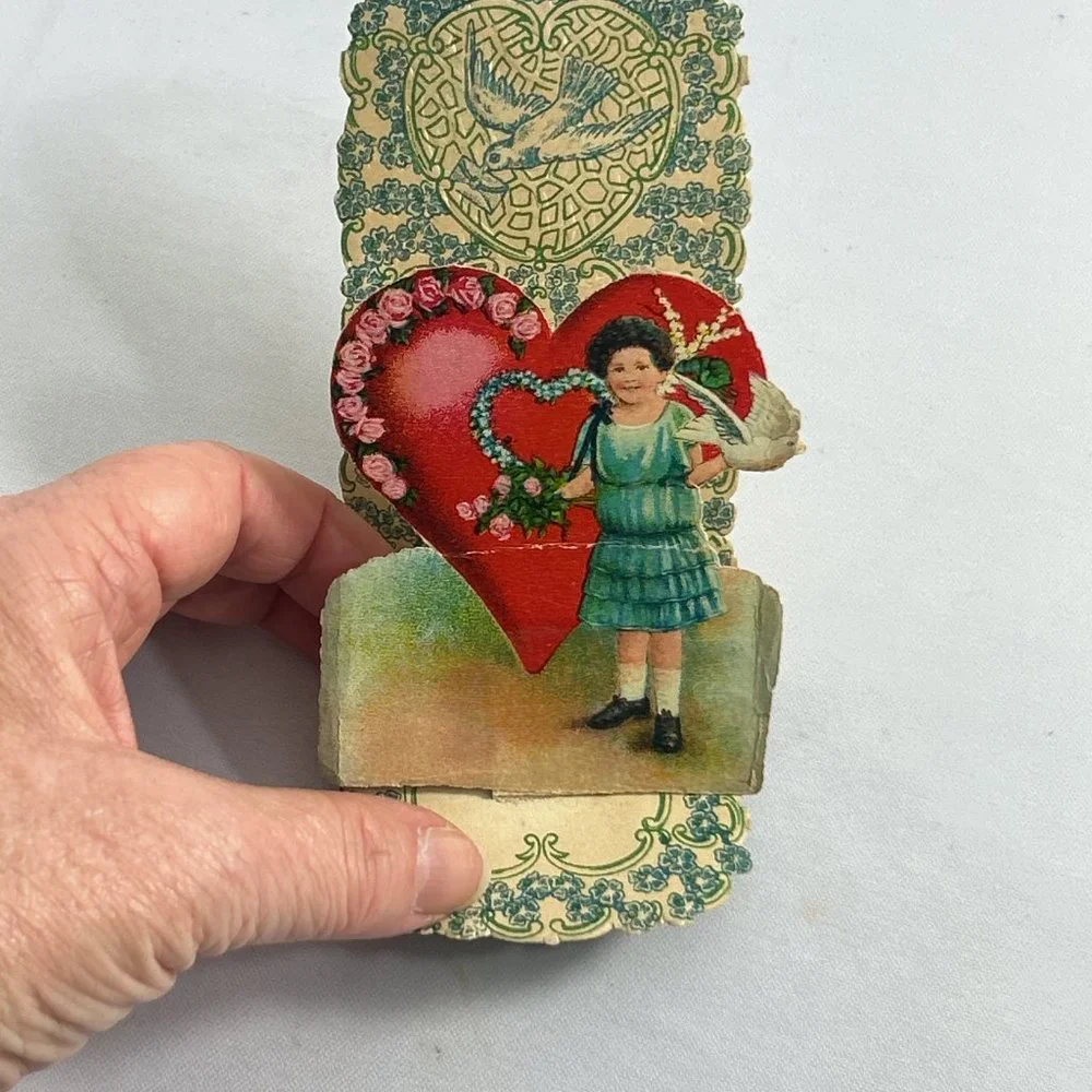 Antique Valentine Fold Out Card 3D Loving Greetings Germany Heart Dove Roses